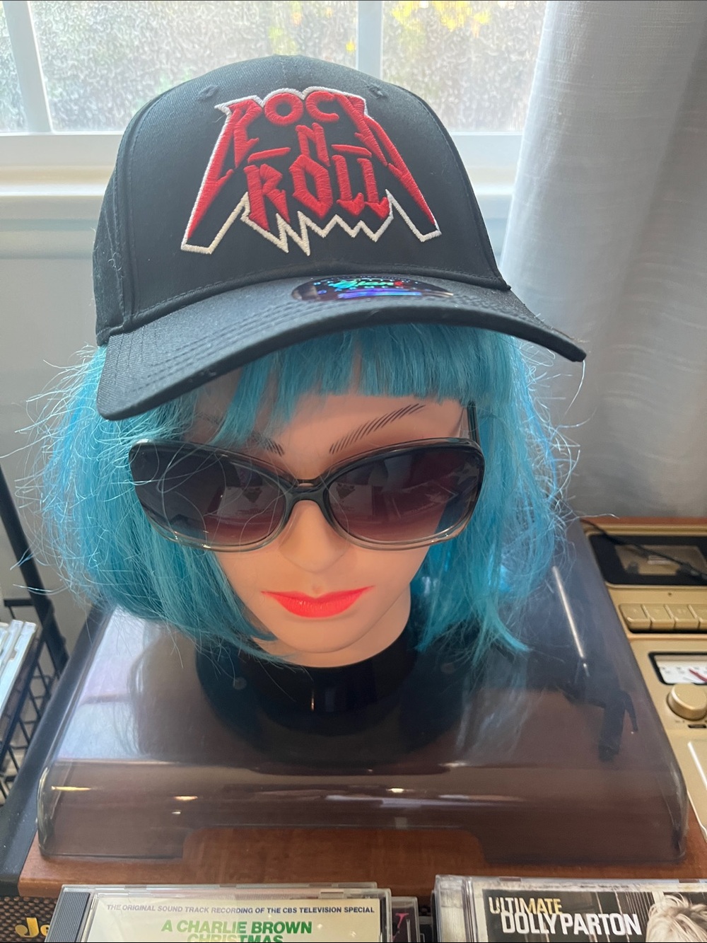 Black 'Rock N Roll' Embroidered Cap - Black with Red Logo